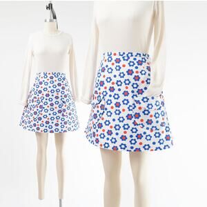 60s Style Mod Floral Polka Dot Print Vintage Cotton A-line Mini Skirt Pockets L